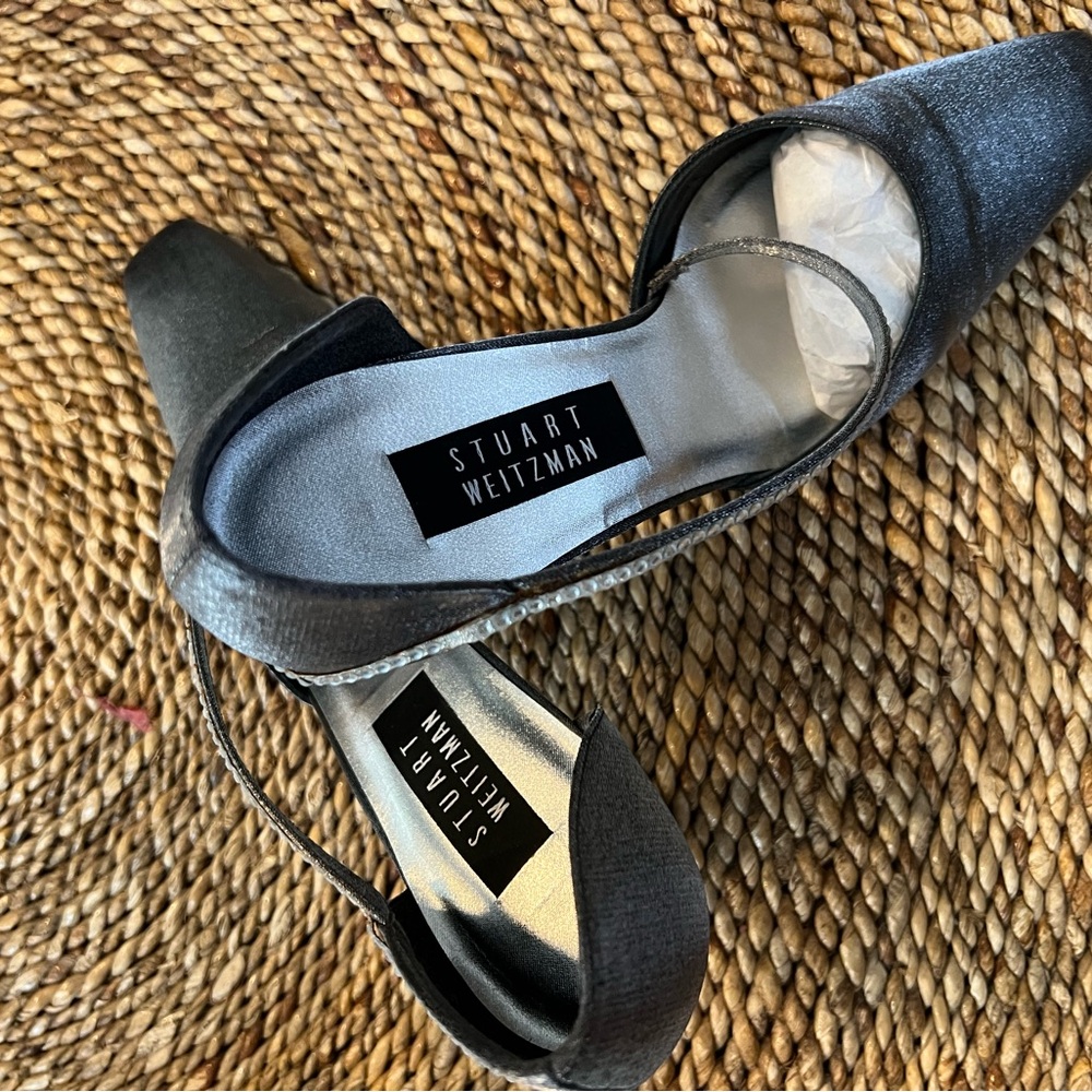 Stuart Weitzman Gray Metallic Fabric 3.25” Heels with Rhinestone Cross Strap